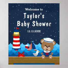Póster Bienvenidos a Baby Shower de Nautical Boy Bear Red