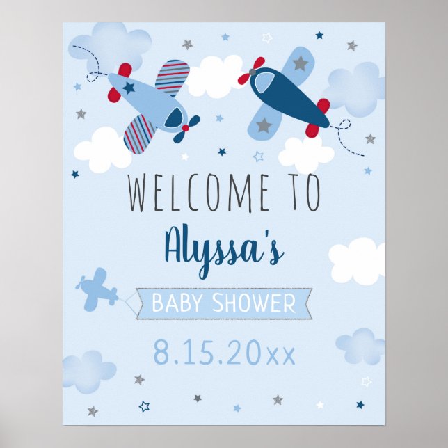 Póster Bienvenidos a Baby Shower de nubes de avión (Frente)