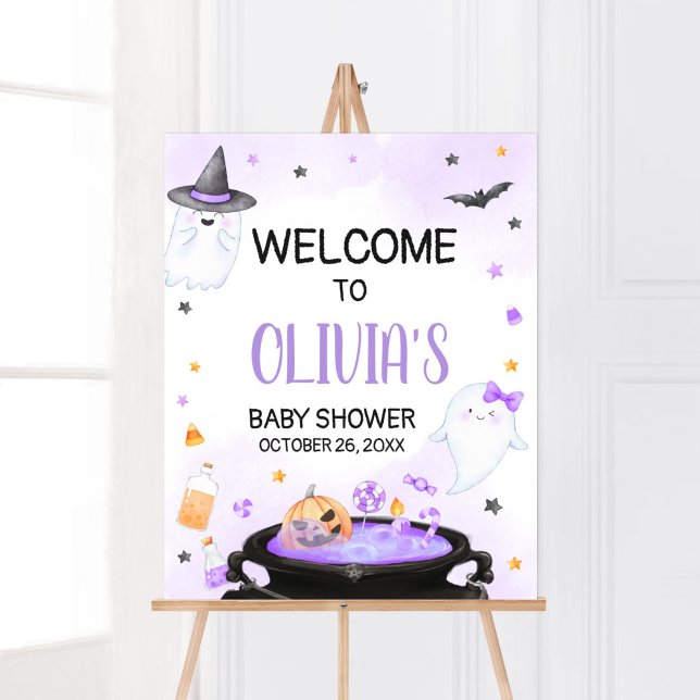 Póster Bienvenidos a Baby Shower de Oh Sheet Boo-y Hallow (Purple Oh Sheet Boo-y Ghoul Baby Shower Welcome Sign)