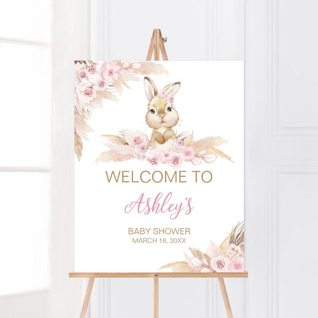 Póster Bienvenidos a Baby Shower de Pink Boho Bunny (Pampas Grass Girl Bunny Baby Shower Welcome Sign)