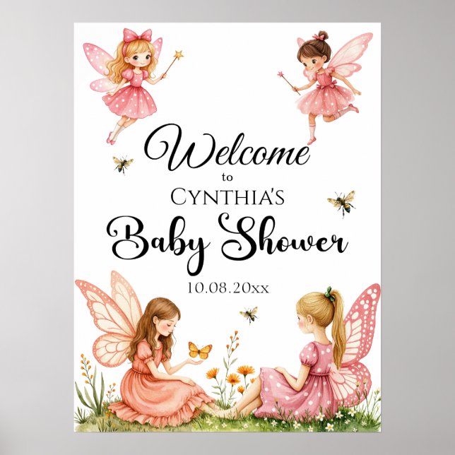 Póster Bienvenidos a Baby Shower de Pink Fairies Woodland (Frente)