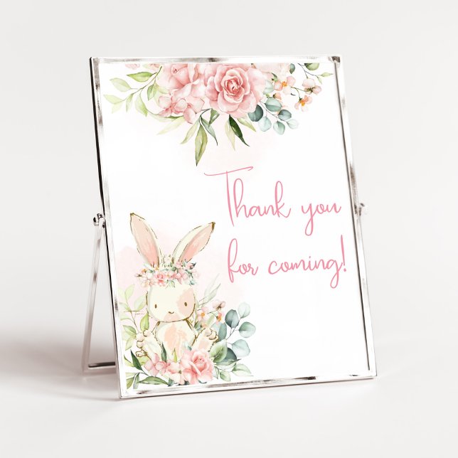 Póster Bienvenidos a Baby Shower de Pink Floral Bunny Rab (A Little Bunny Girl Baby Shower Thank you for Coming Sign)
