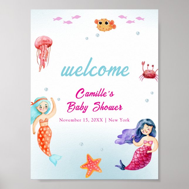 Póster Bienvenidos a Baby Shower de Princess Mermaid Ocea (Frente)