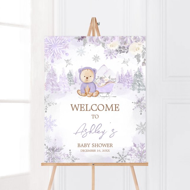 Póster Bienvenidos a Baby Shower de Purple Winter Bear (Purple Teddy Bear Baby Shower Welcome Sign)