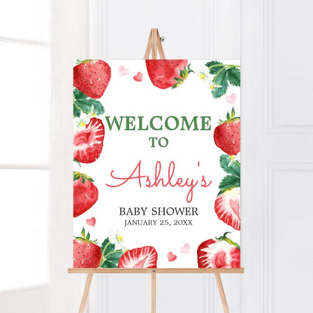Póster Bienvenidos a Baby Shower de Strawberry Berry Swee (A Berry Sweet Strawberry Baby Shower Welcome Sign)