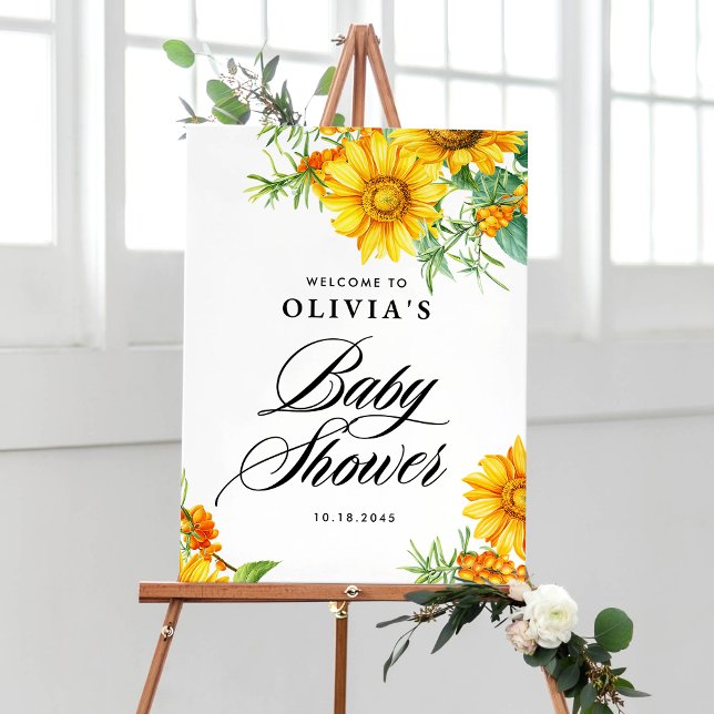 Póster Bienvenidos a Baby Shower de Sunflower and Sea Buc (Elegant baby shower welcome sign with watercolor sunflowers and sea buckthorn for fall baby showers.)