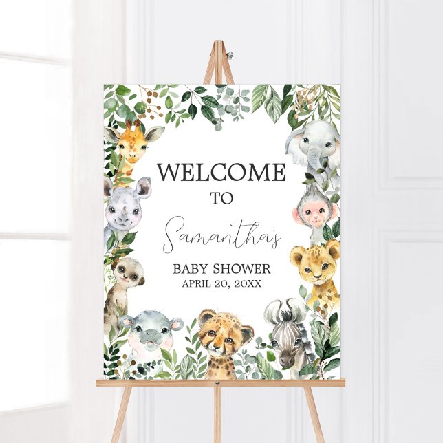Póster Bienvenidos a Baby Shower de Sweet Baby Boy Safari (Greenery Safari Animals Baby Shower Welcome Sign)