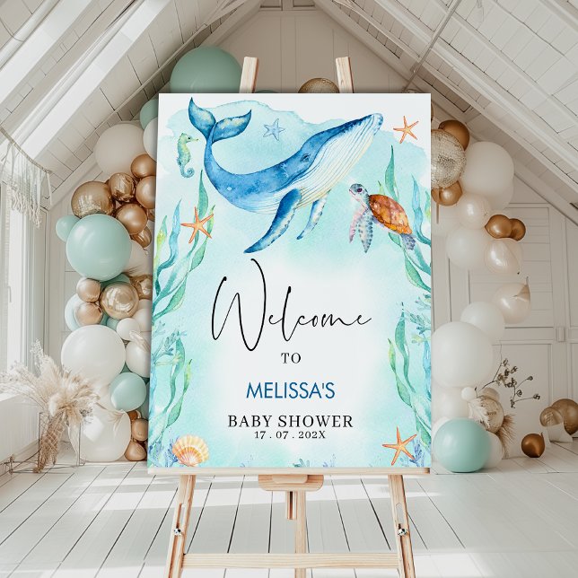 Póster Bienvenidos a Baby Shower de Watercolor Blue Ocean (Under the Sea Baby Shower Welcome Sign Template, Editable Ocean Themed Baby Shower Welcome Sign Boy)