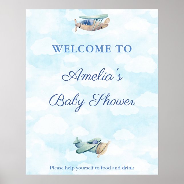 Póster Bienvenidos a Baby Shower de Watercolor Toy Plane  (Frente)