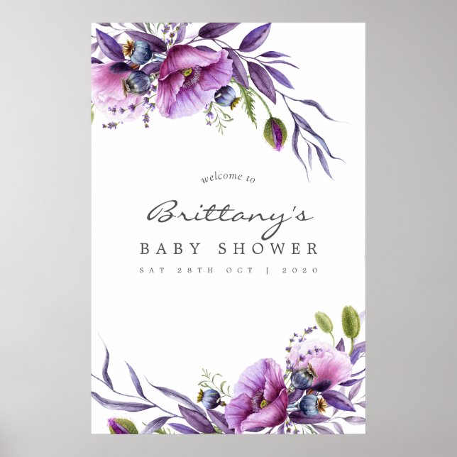 Póster Bienvenidos a Baby Shower de Watercolor Violet Pop (Frente)