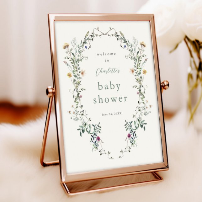 Póster Bienvenidos a Baby Shower de Wildflower Wreath Spr (Elegant floral wreath wildflower baby shower welcome sign.)