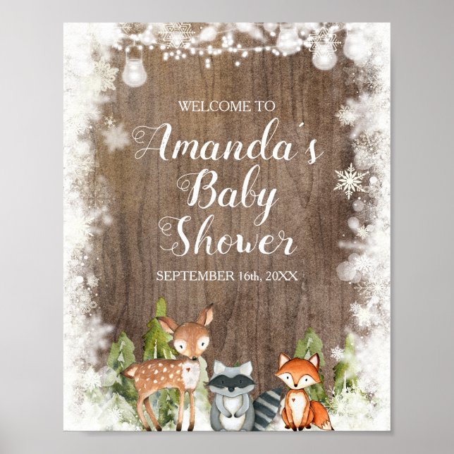 Póster Bienvenidos a Baby Shower de Winter Animals Wood S (Frente)
