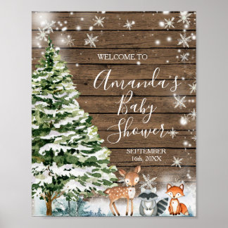 Póster Bienvenidos a Baby Shower de Winter Animals Wood S