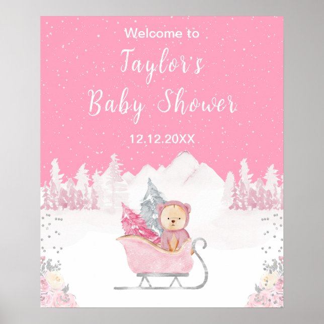 Póster Bienvenidos a Baby Shower de Winter Bear Pink Slei (Frente)