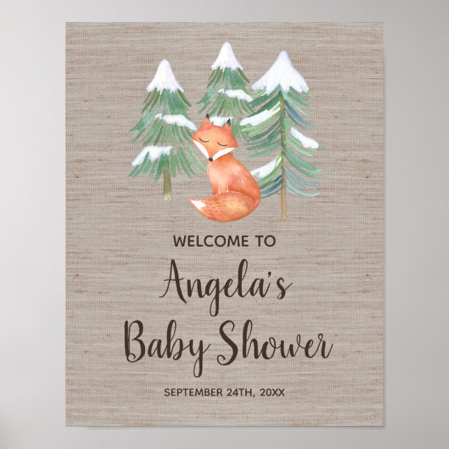Póster Bienvenidos a Baby Shower de Winter Woodland Fox (Frente)