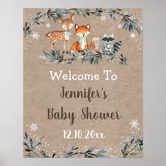 Póster Bienvenidos a Baby Shower de Winter Woodland Green (Frente)