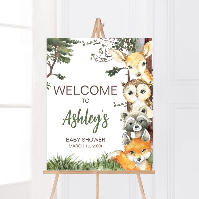Póster Bienvenidos a Baby Shower de Woodland Animals Fore (Woodland Forest Baby Shower Welcome Sign)