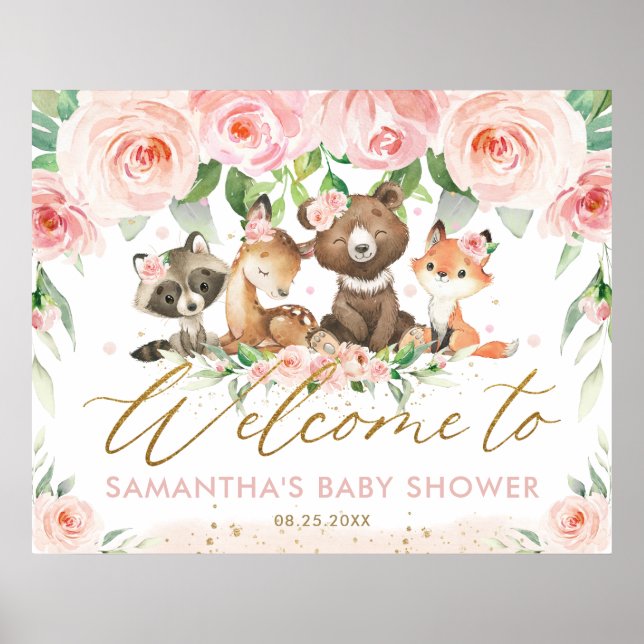 Póster Bienvenidos a Baby Shower de Woodland Animals Pink (Frente)