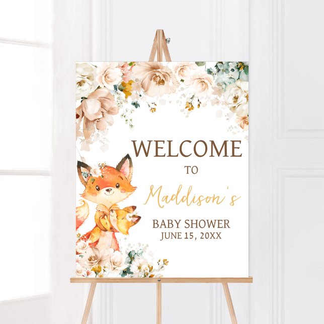 Póster Bienvenidos a Baby Shower de Woodland Floral Fox (Fox Baby Shower Welcome Sign)