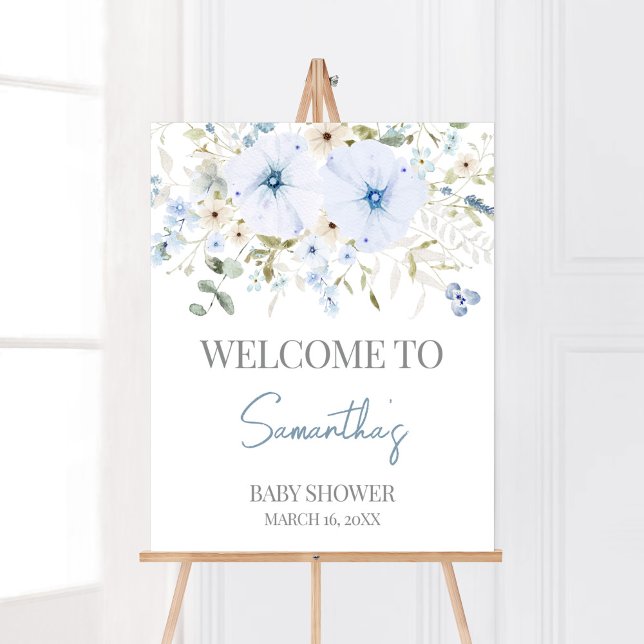 Póster Bienvenidos a Baby Shower Dusty Blue Baby Bloom (Boy Spring Flowers Baby Shower Welcome Sign)