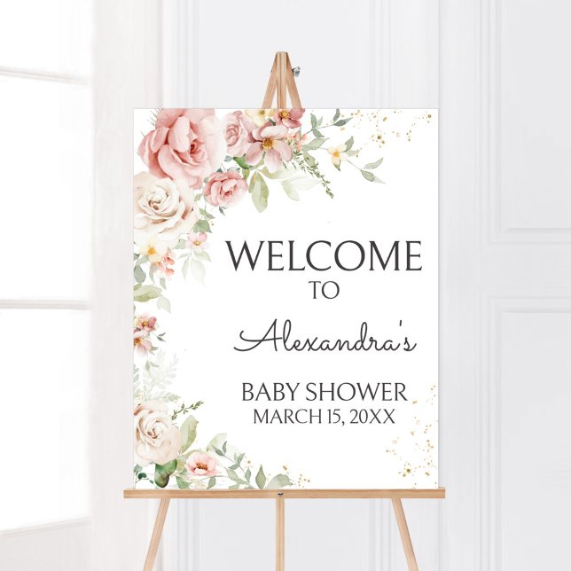 Póster Bienvenidos a Baby Shower Dusty Pink Floral (Dusty Pink Floral Greenery Baby Shower Welcome Sign)