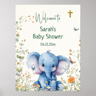 Póster Bienvenidos a Baby Shower: Elefante bebé y maripos