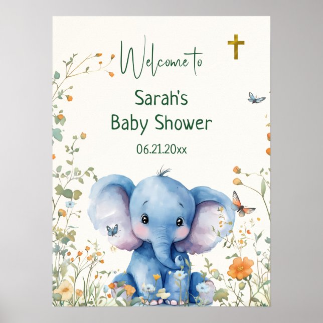 Póster Bienvenidos a Baby Shower: Elefante bebé y maripos (Frente)