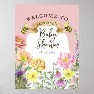Póster Bienvenidos a Baby Shower Elegant Bee and Wildflow