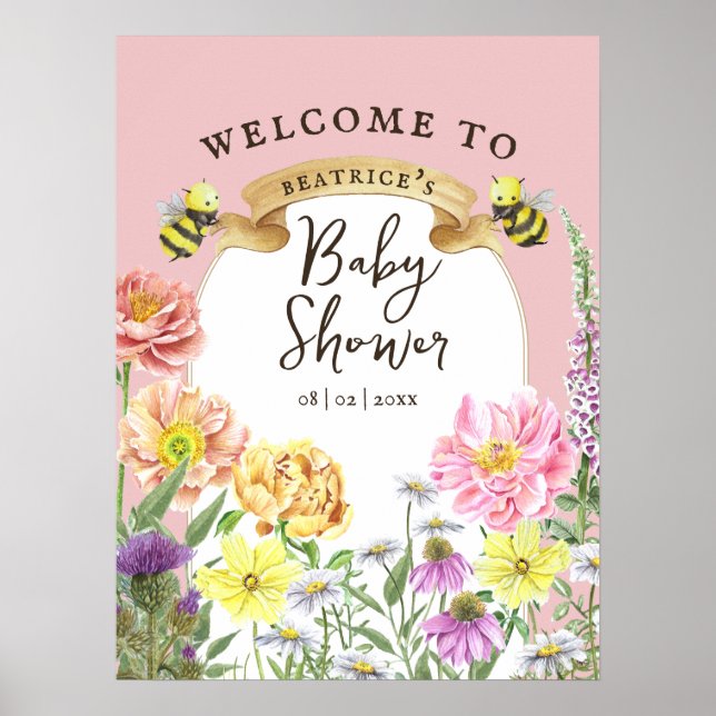 Póster Bienvenidos a Baby Shower Elegant Bee and Wildflow (Frente)