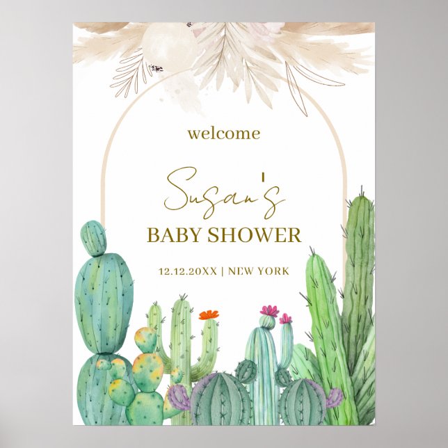Póster Bienvenidos a Baby Shower Elegante Boho Cactus Arc (Frente)