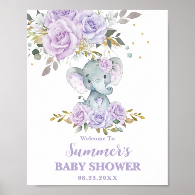 Póster Bienvenidos a Baby Shower Elephant Purple Lilac Fl (Frente)