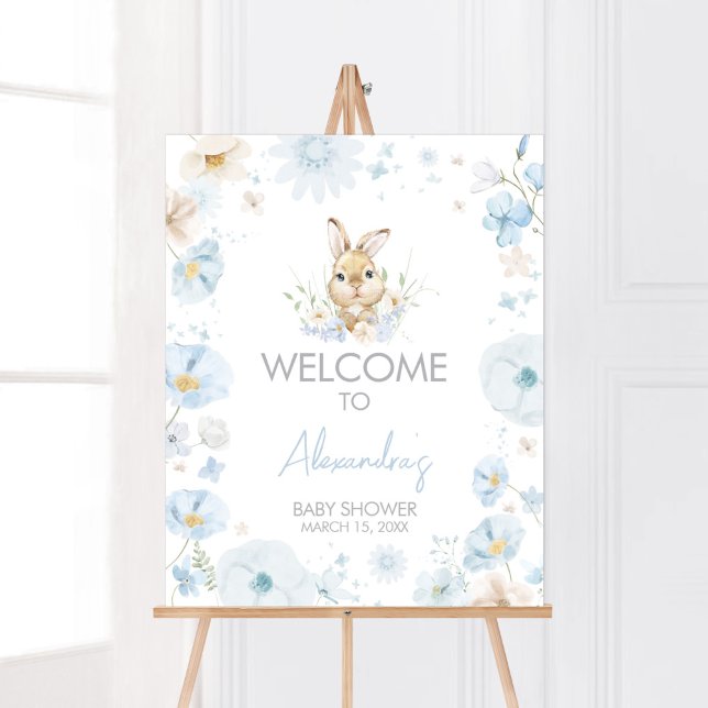 Póster Bienvenidos a Baby Shower en Blue Somebunny Rabbit (Blue Rabbit Somebunny Baby Shower Welcome Sign)