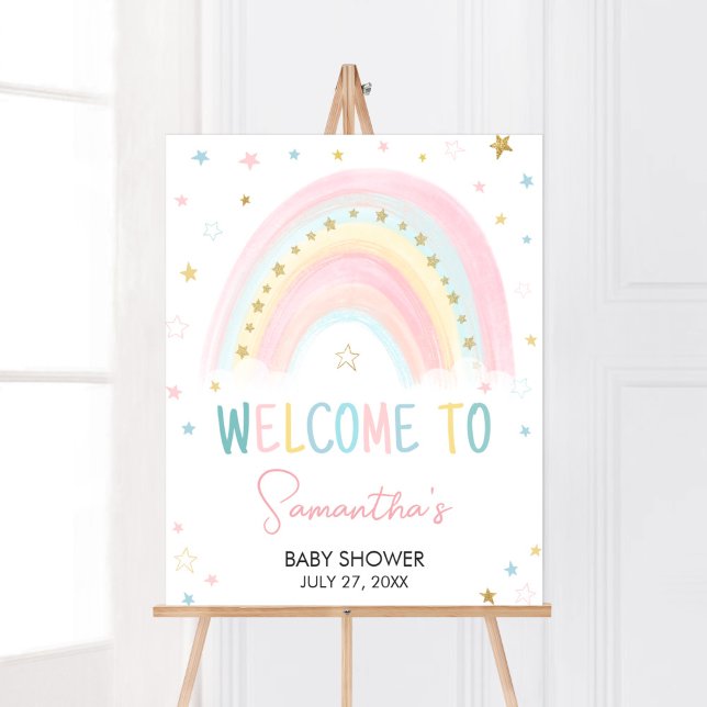 Póster Bienvenidos a Baby Shower en el arco iris de Paste (Pink Boho Rainbow Baby Shower Welcome Sign)