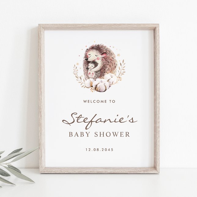 Póster Bienvenidos a Baby Shower en el bosque de Hedgehog (Woodland theme baby shower welcome sign featuring watercolor mommy and baby hedgehog.)
