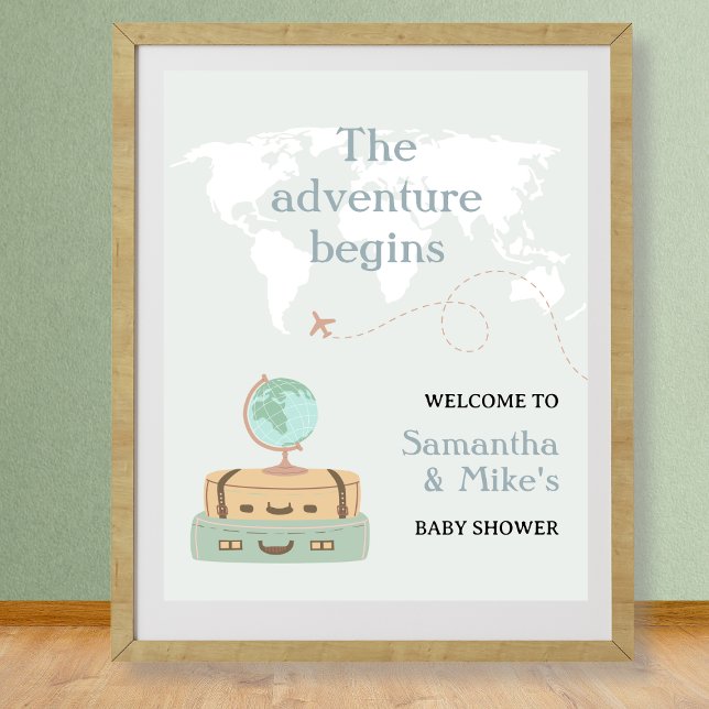 Póster Bienvenidos a Baby Shower en el Mapa Mundial de Av (Adventure Begins World Map Baby Shower Welcome Poster)