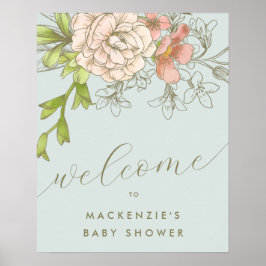 Póster Bienvenidos a Baby Shower en Floral Botánica Azul 