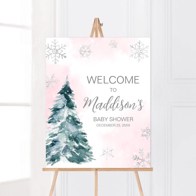 Póster Bienvenidos a Baby Shower en invierno rosado en fr (Pink Silver Pine Tree Baby Shower Welcome Sign)