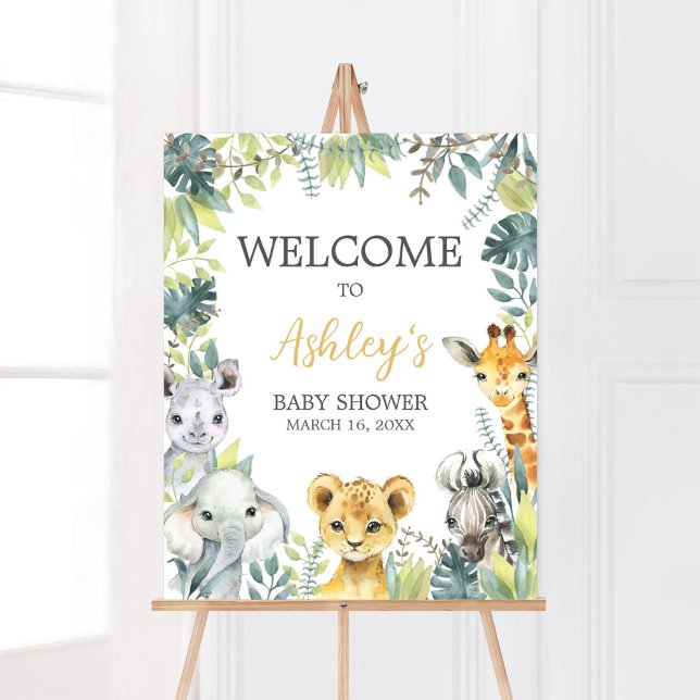 Póster Bienvenidos a Baby Shower en Jungle Safari Wild On (Greenery Safari Animals Baby Shower Welcome Sign)