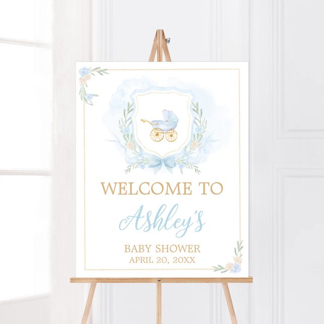 Póster Bienvenidos a Baby Shower Escudo de color azul (Blue Gold Carriage Crest Baby Shower Welcome Sign)