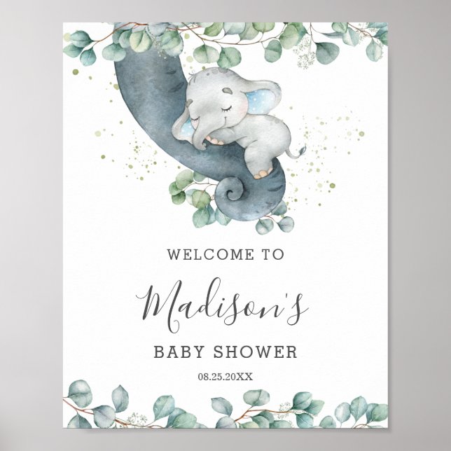 Póster Bienvenidos a Baby Shower Eucalyptus Greenery Elep (Frente)