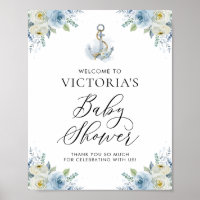 Bienvenidos a Baby Shower floral azul y blanco