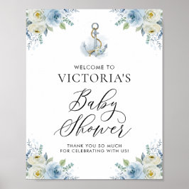 Póster Bienvenidos a Baby Shower floral azul y blanco