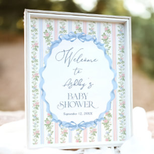 Póster Bienvenidos a Baby Shower Floral Azul y Rosa