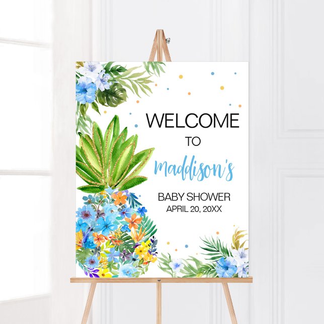 Póster Bienvenidos a Baby Shower Floral Blue Pineapple (Blue Gold Pineapple Baby Shower Welcome Sign)