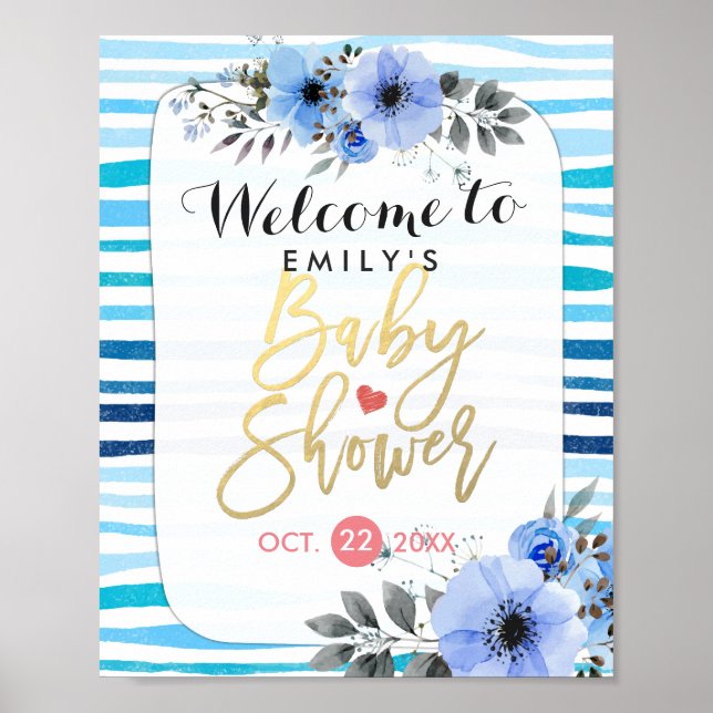 Póster Bienvenidos a Baby Shower Floral Blue Stripes (Frente)
