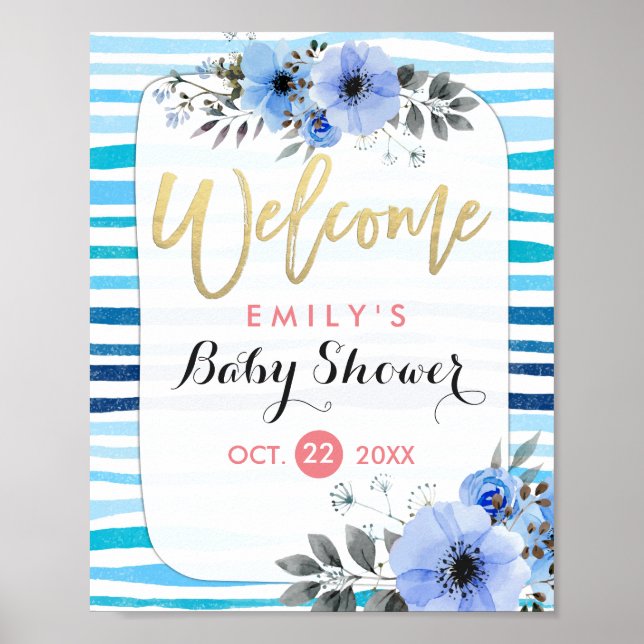 Póster Bienvenidos a Baby Shower Floral Blue Stripes (Frente)