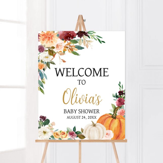 Póster Bienvenidos a Baby Shower Floral Burgundy (Pumpkin Baby Shower Welcome Sign)