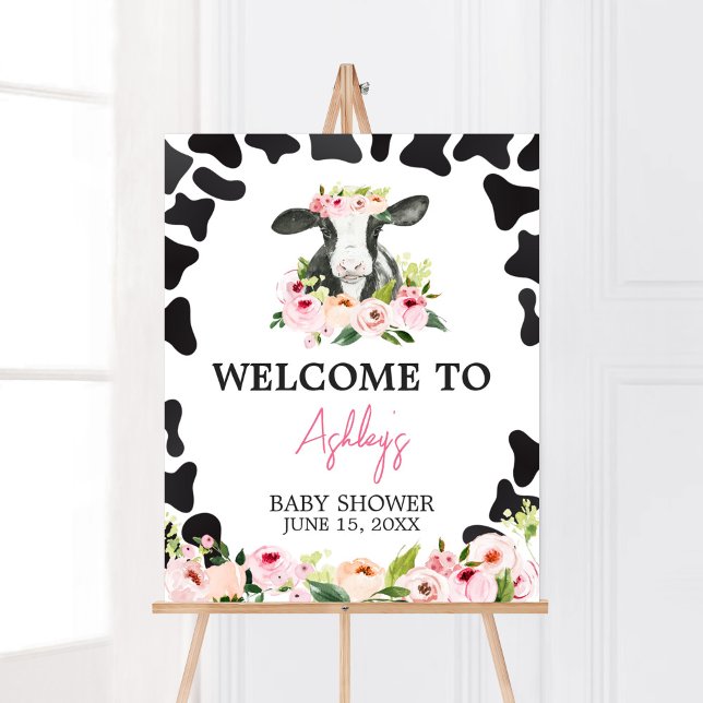 Póster Bienvenidos a Baby Shower Floral Holy Cow (Floral Highland Cow Baby Shower Welcome Sign)