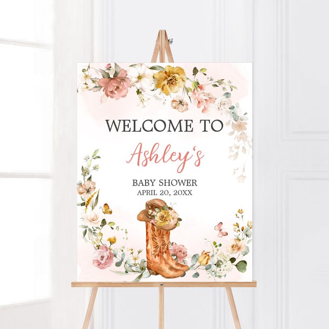 Póster Bienvenidos a Baby Shower Floral Little Cowgirl (Cowgirl Wild West Baby Shower Welcome Sign)