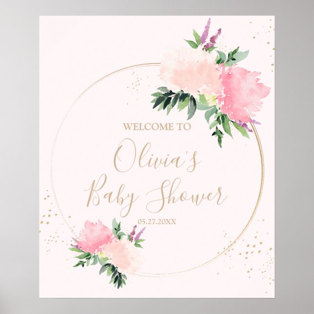 Póster Bienvenidos a Baby Shower Gold Pink Floral (Frente)